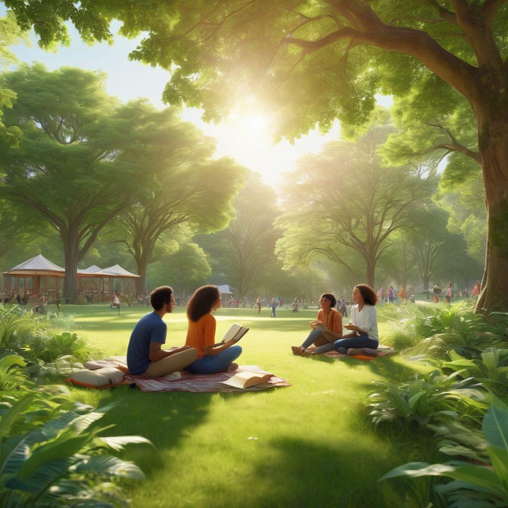 A diverse group of people in a lush green park, engaging in meaningful conversations, sharing ideas, and supporting each other. The scene should radiate positivity, illustrating different ages and backgrounds, with sunlight filtering through trees, symbolizing growth and connection. Include subtle elements like books and plants to emphasize learning and nurturing relationships. vibrant colors. super-realistic. natural setting.